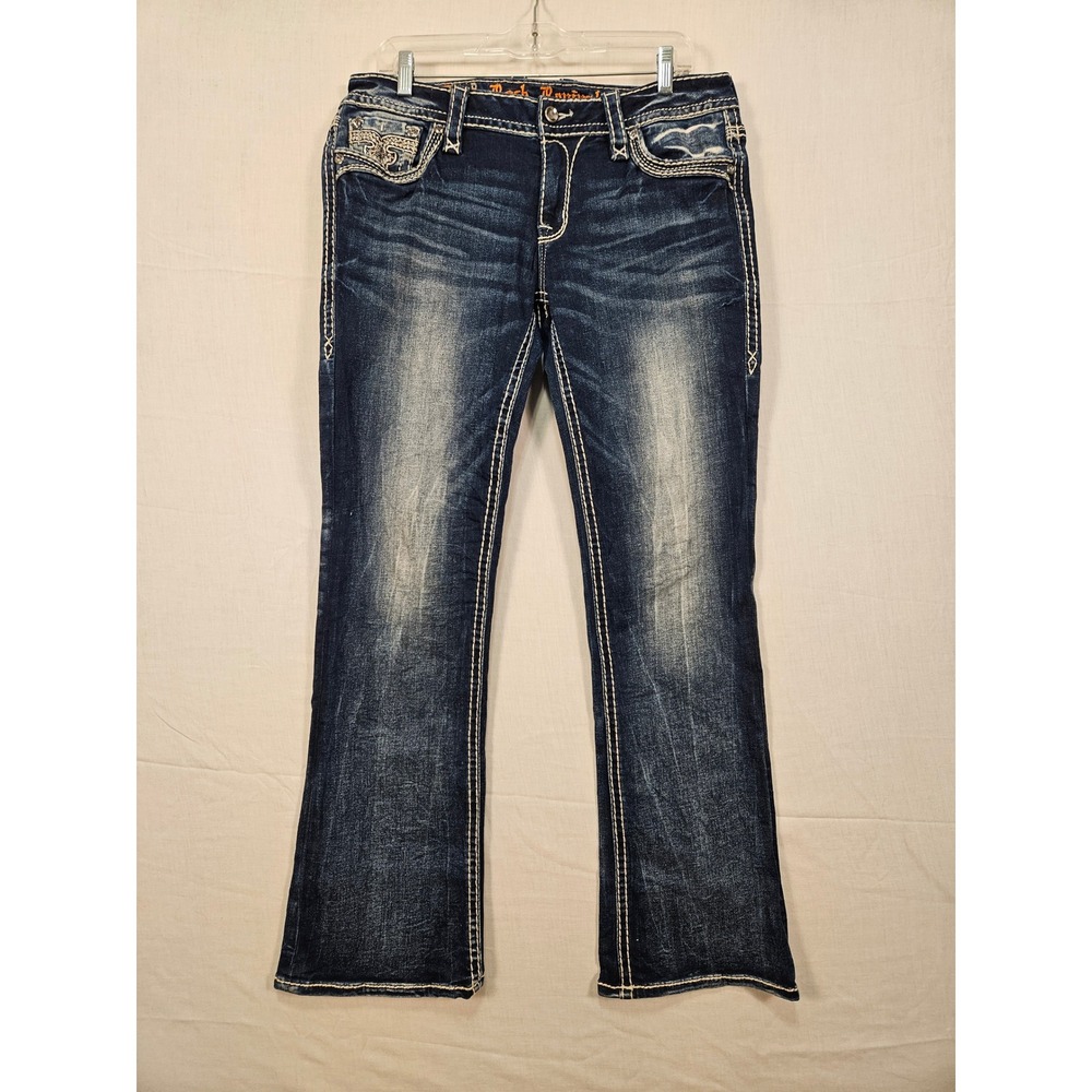 Rock Revival Pecola Bootcut Jeans Dark Wash Rhinestone Fleur De Lis 30 3600